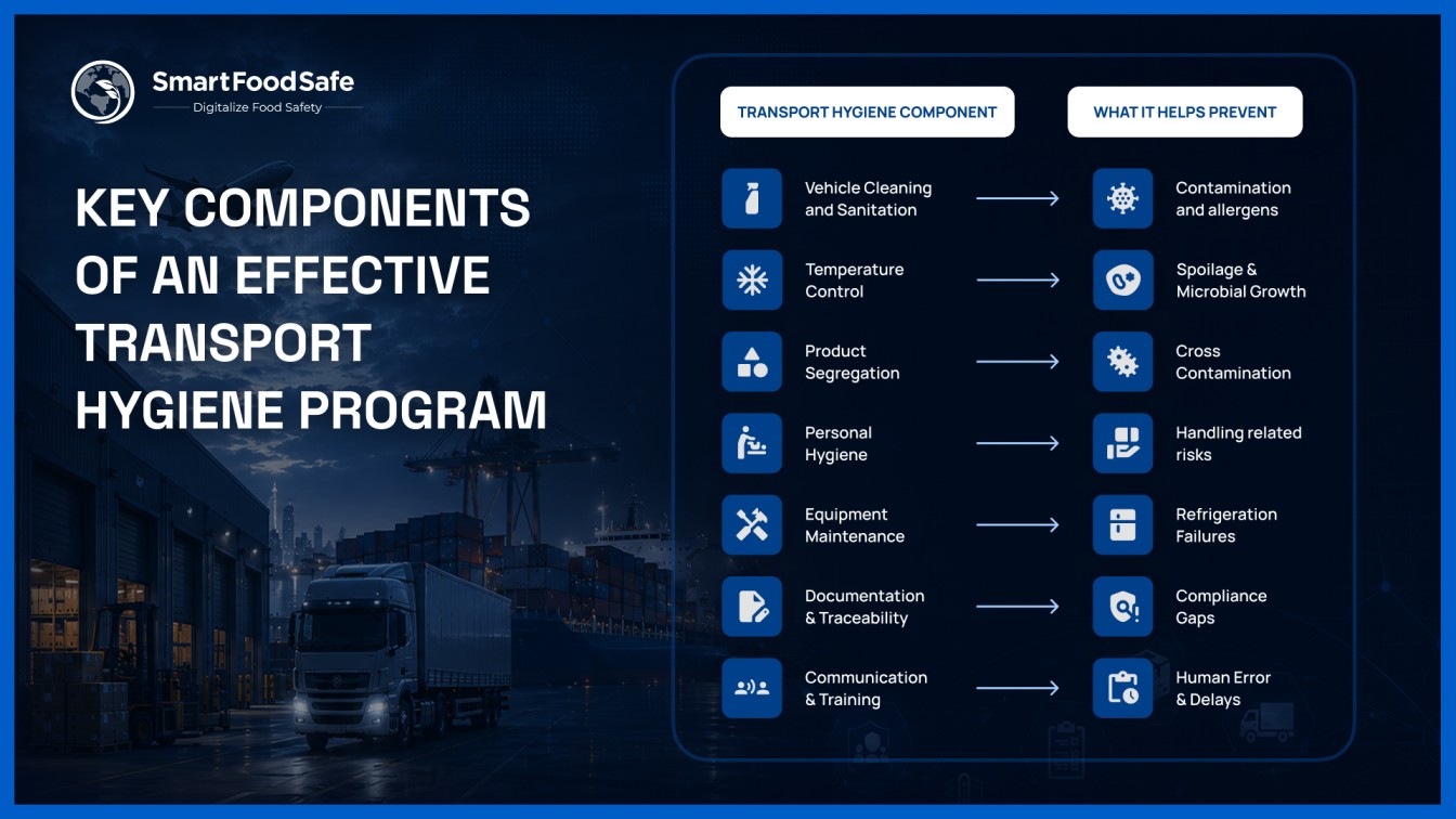 Transport hygiene infographic showing how vehicle cleaning, temperature control, product segregation, personnel hygiene, equipment maintenance, traceability, and training help prevent contamination, spoilage, cross-contamination, compliance gaps, and food safety risks