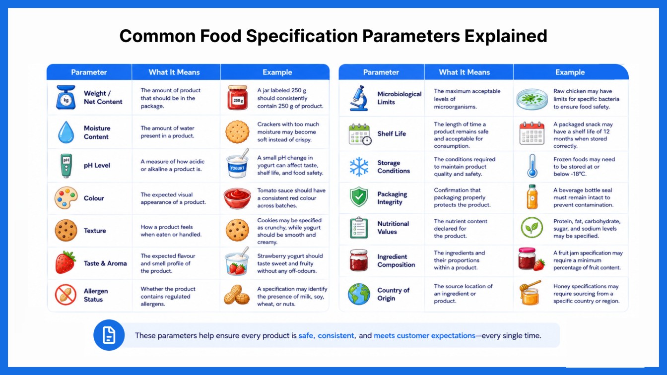 Infographic explaining common food specification parameters including weight, moisture content, pH level, colour, texture, taste and aroma, allergen status, microbiological limits, shelf life, storage conditions, packaging integrity, nutritional values, ingredient composition, and country of origin