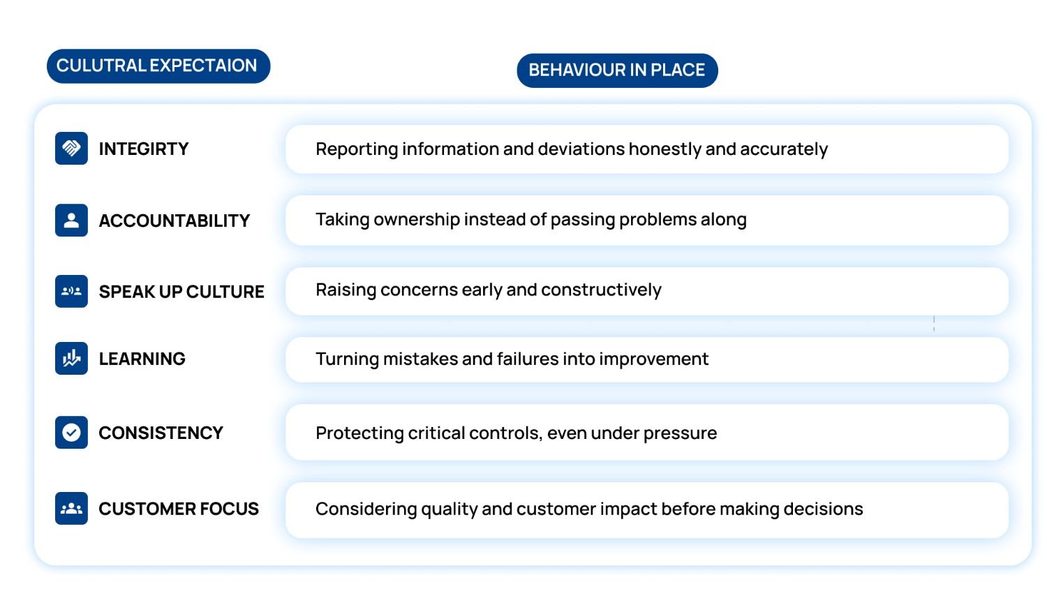 Cultural expectations mapped to everyday behaviors: integrity, accountability, speak-up culture, learning, consistency, and customer focus