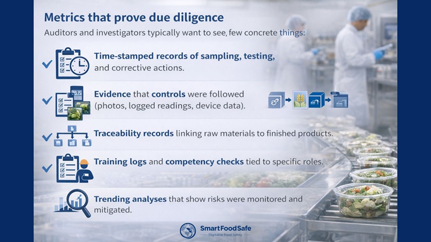 Due diligence metrics dashboard showing food safety monitoring and compliance indicators